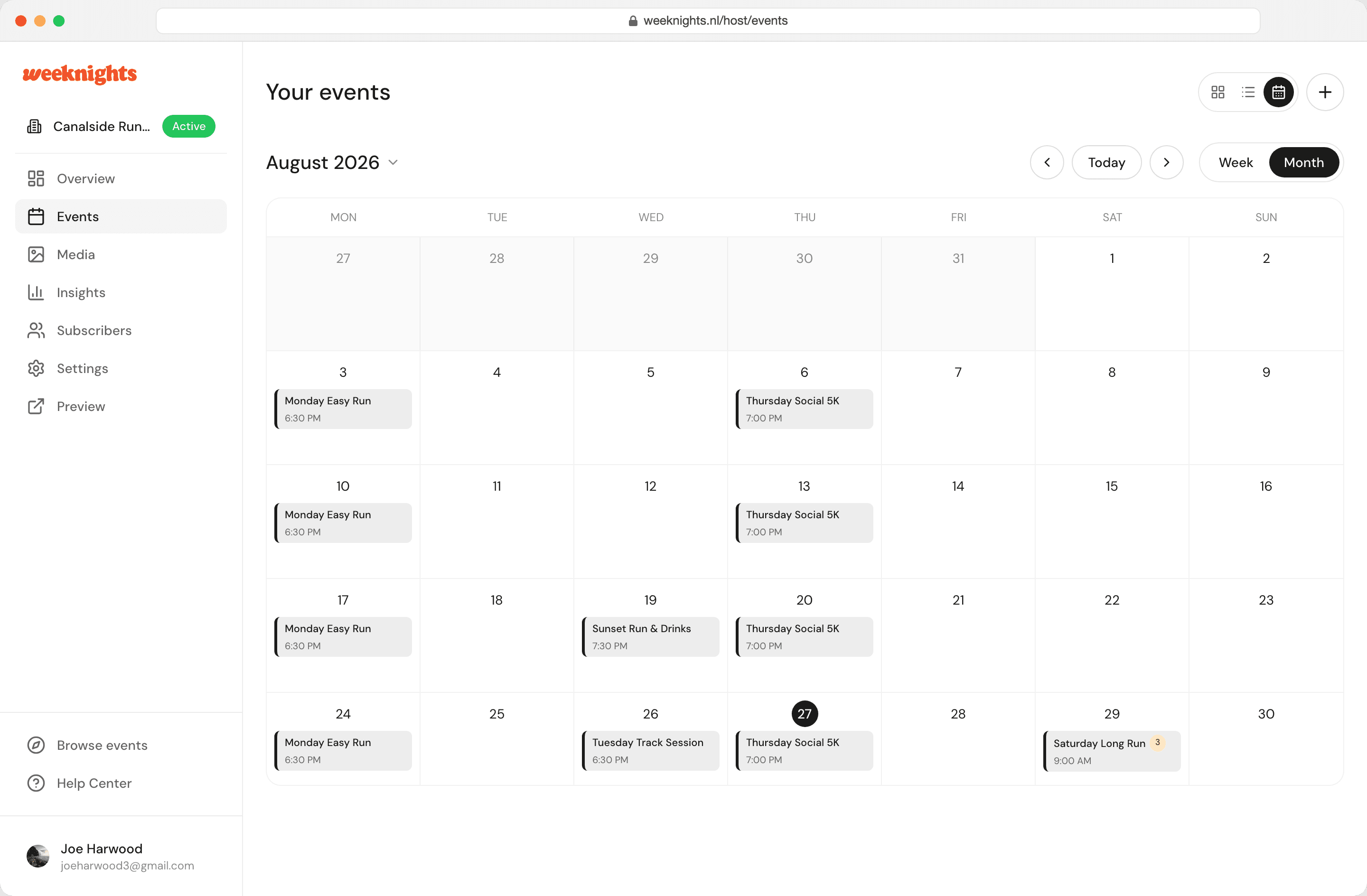 The Weeknights host calendar showing a month of events