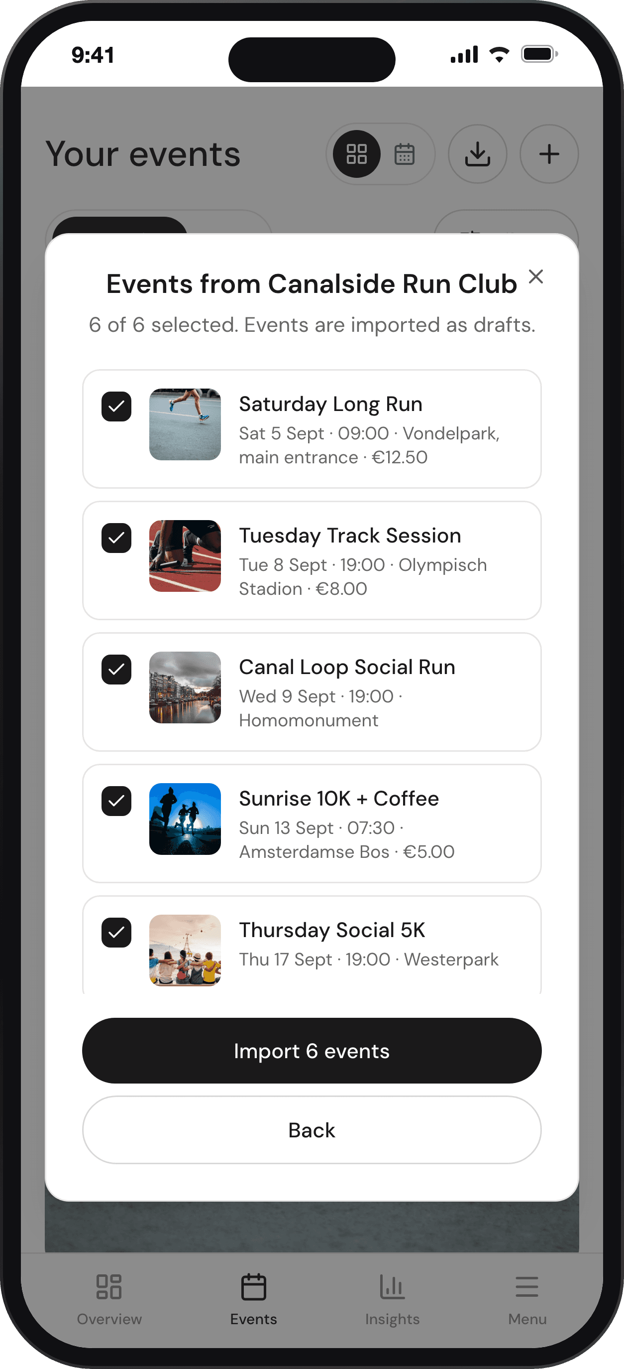 Importing six priced events into Weeknights as drafts