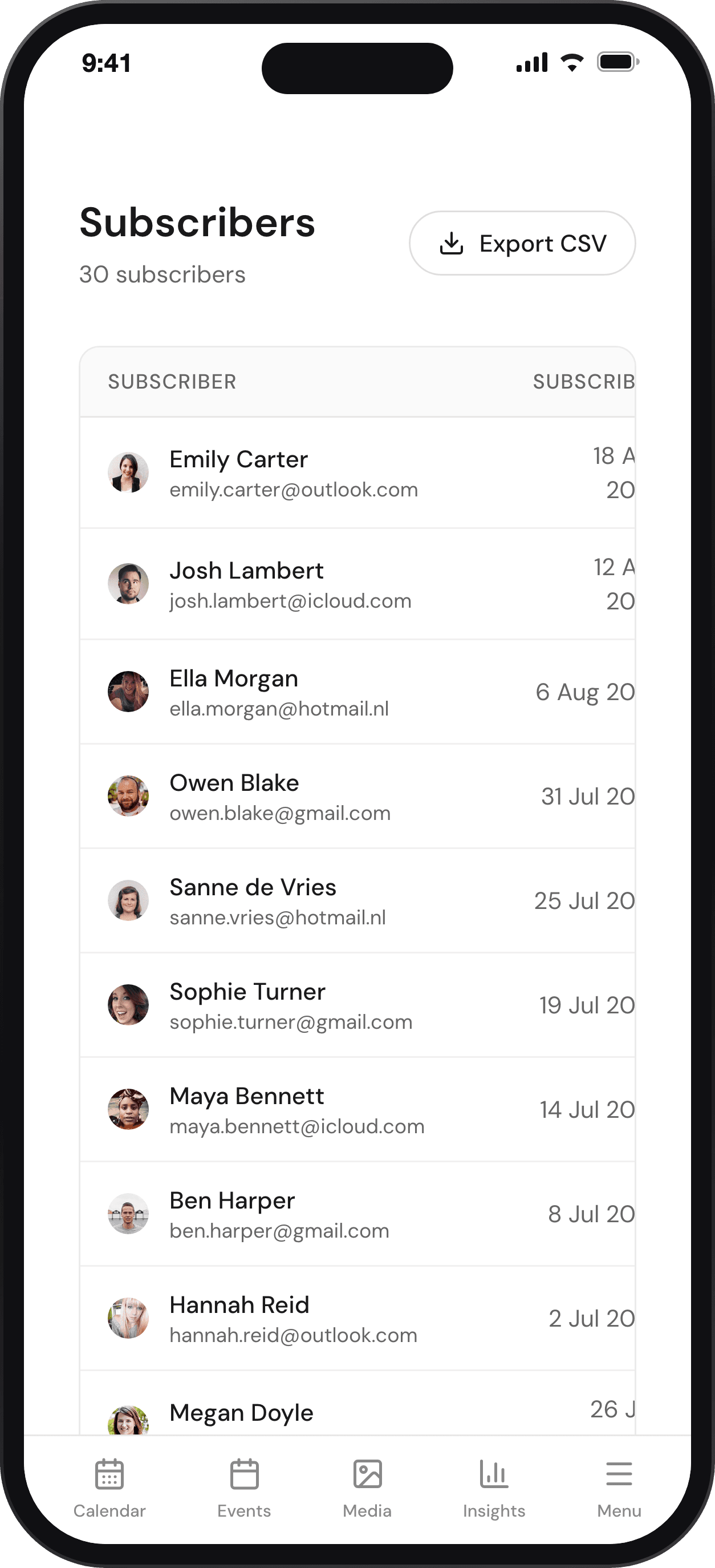 The subscribers list with CSV export