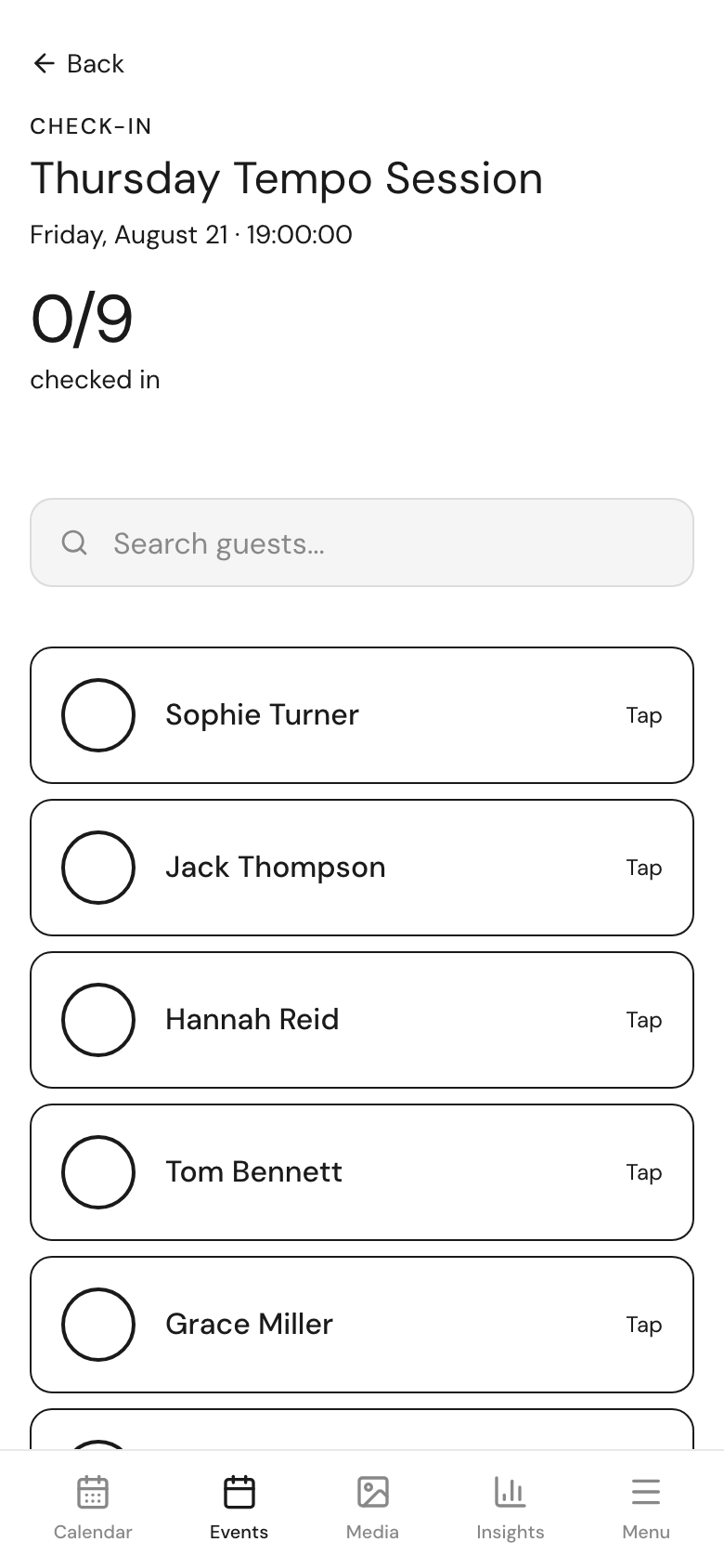 The check-in screen on a phone