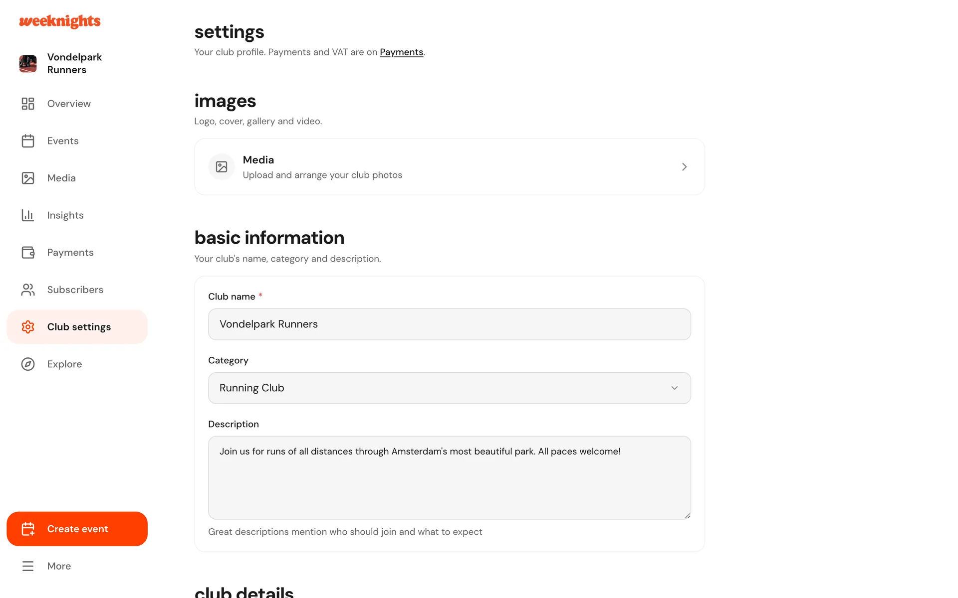Club settings in the host dashboard