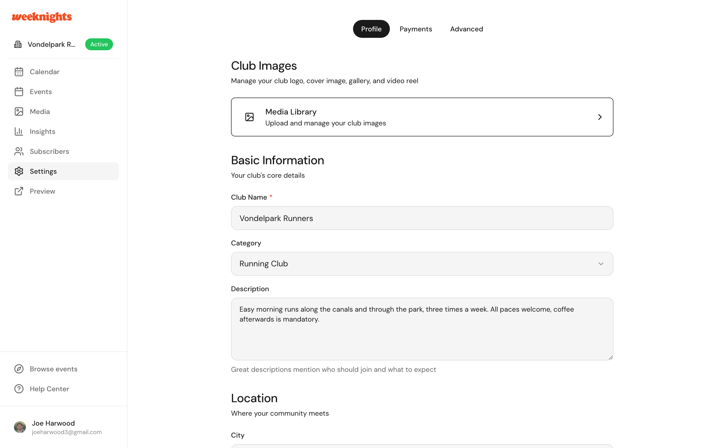 Club profile settings in the host dashboard