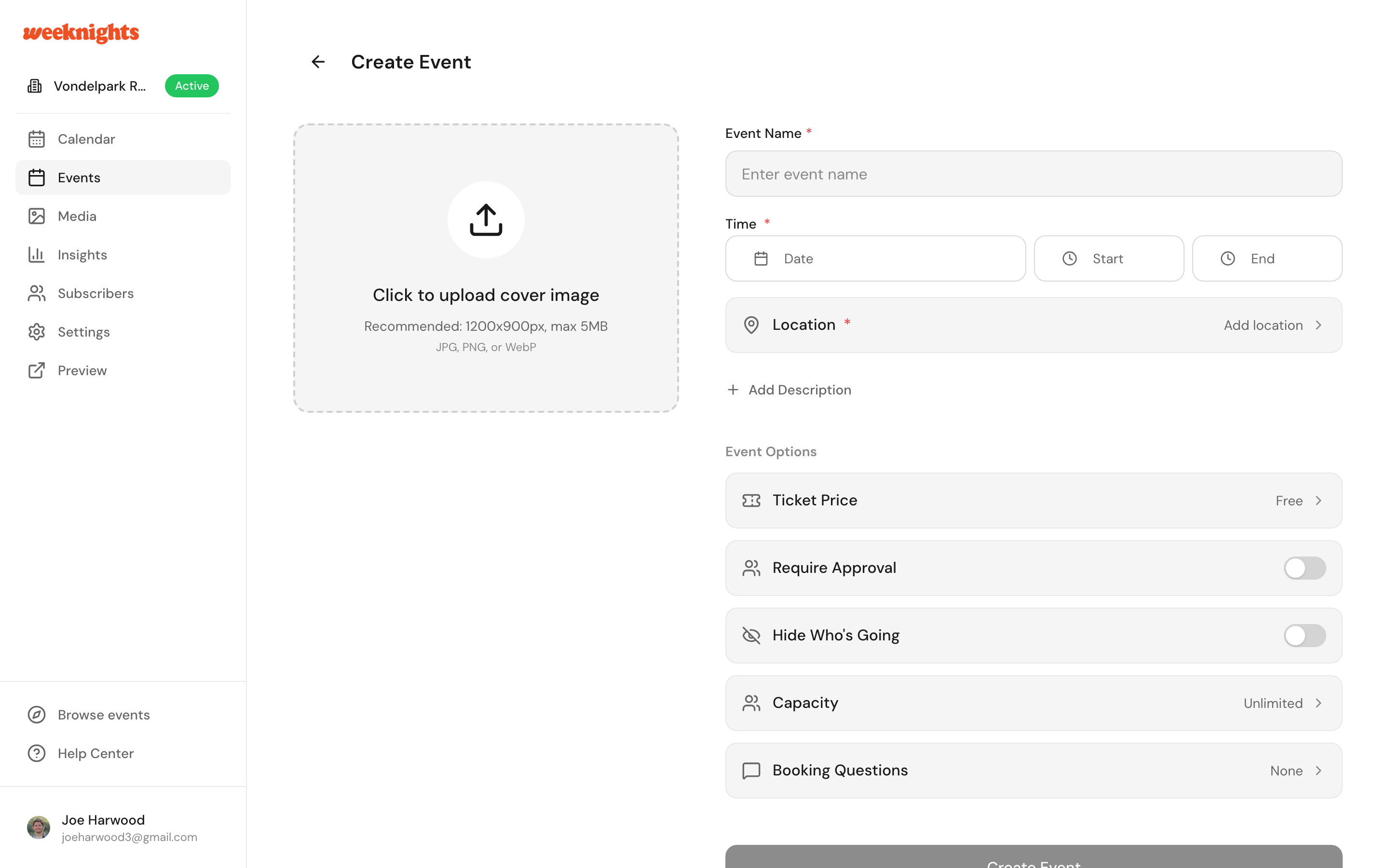 The create event form