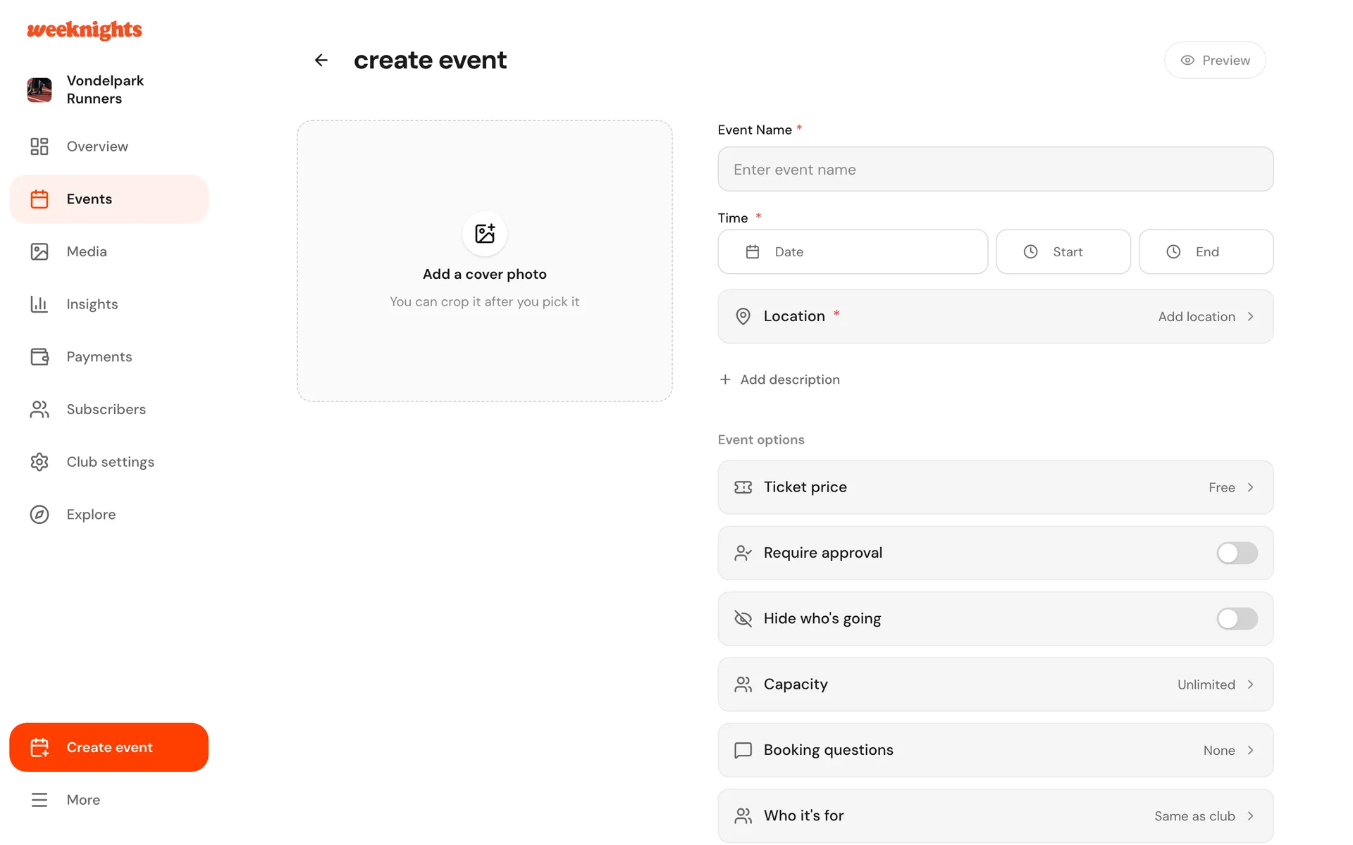 The create event form