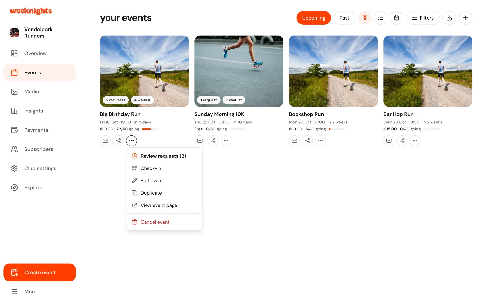 The actions for an event on the Events page