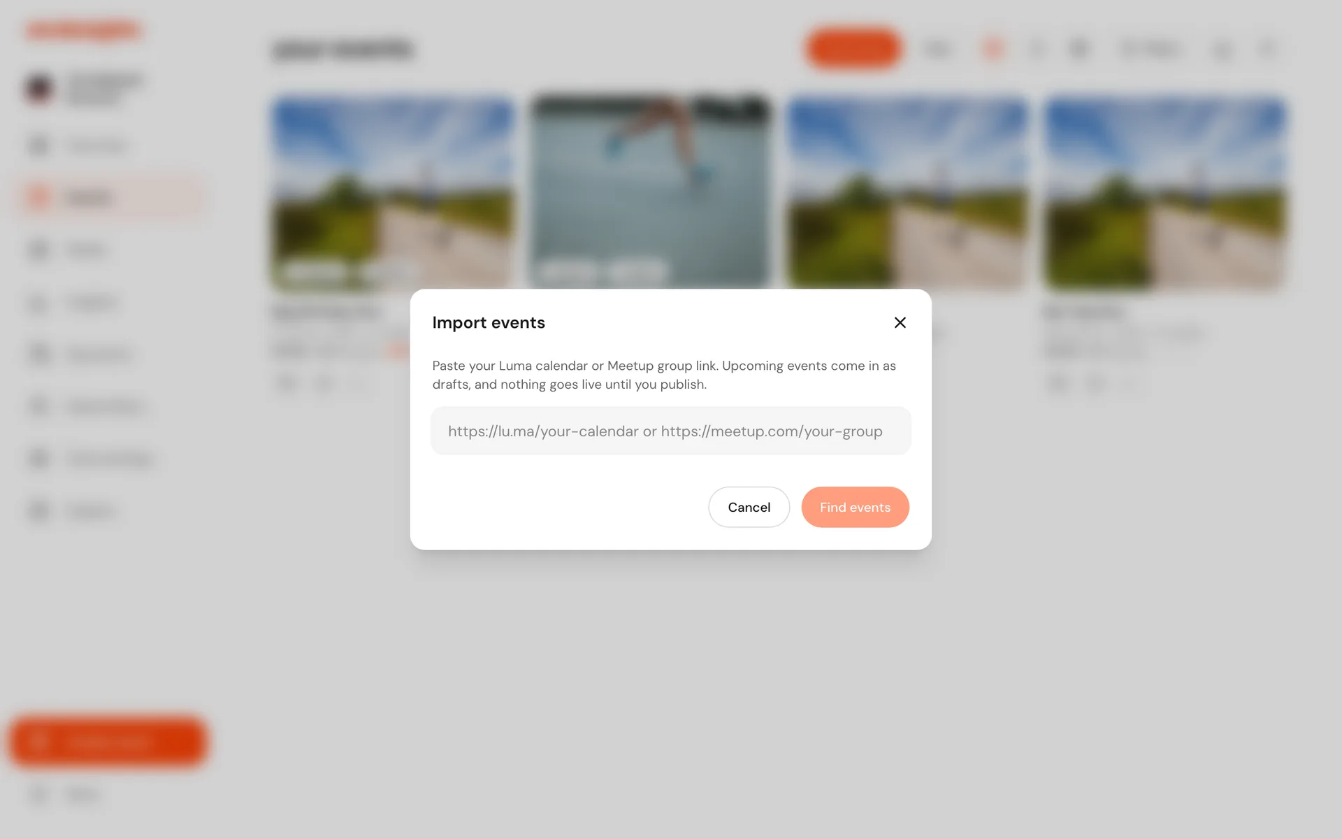 The import dialog on the events page