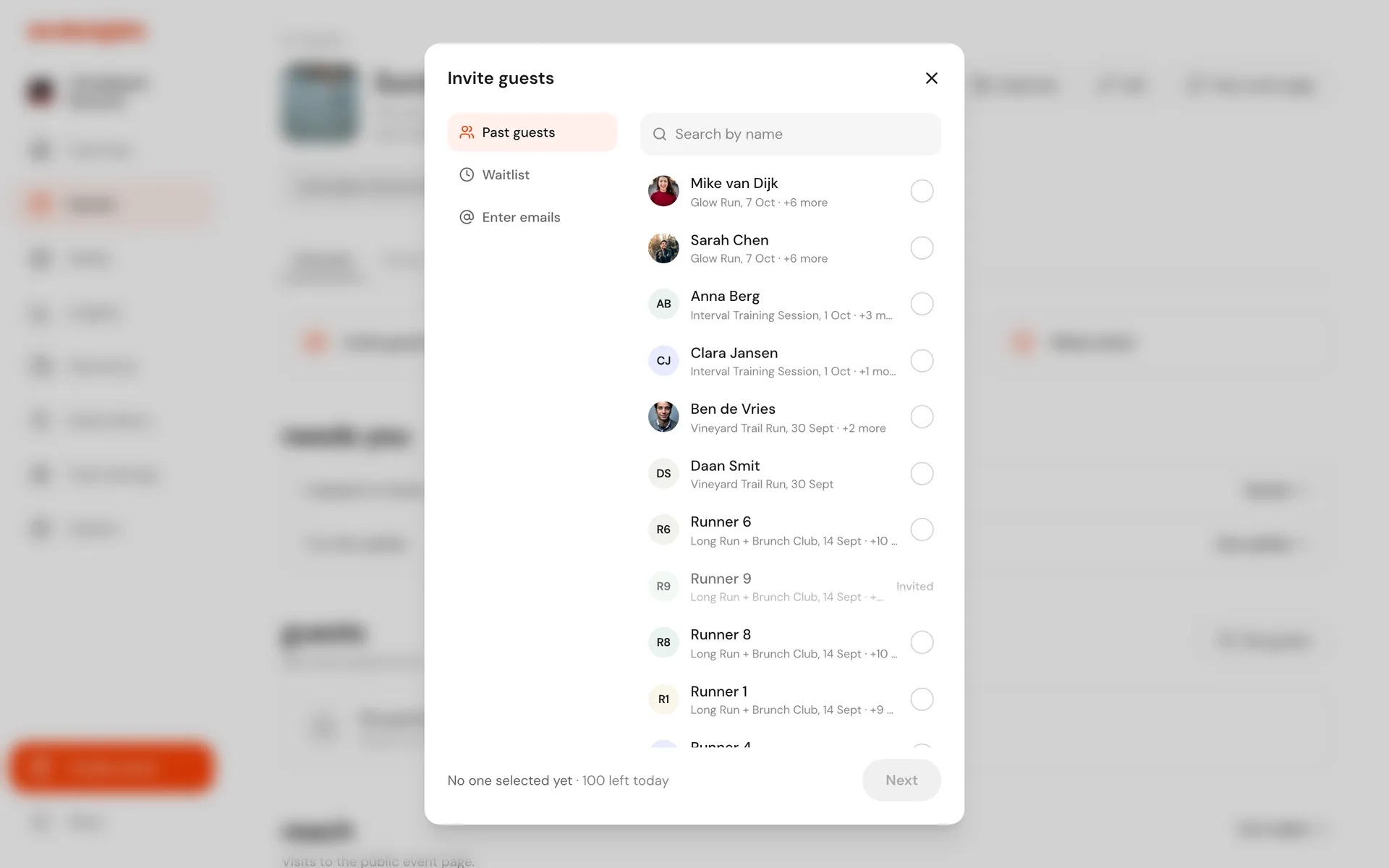 Sending invites for an event