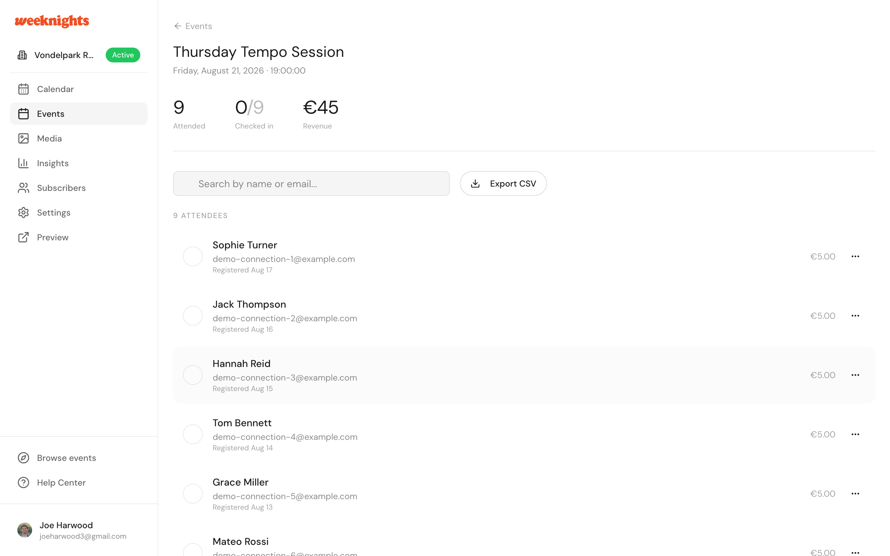 The attendees list for an event